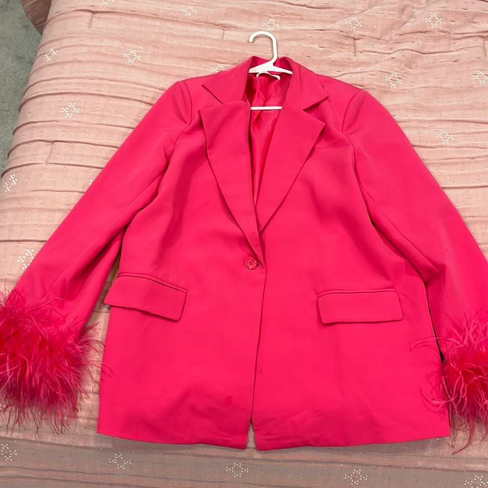 Peppermayo pink blazer with feather cuff sleeves